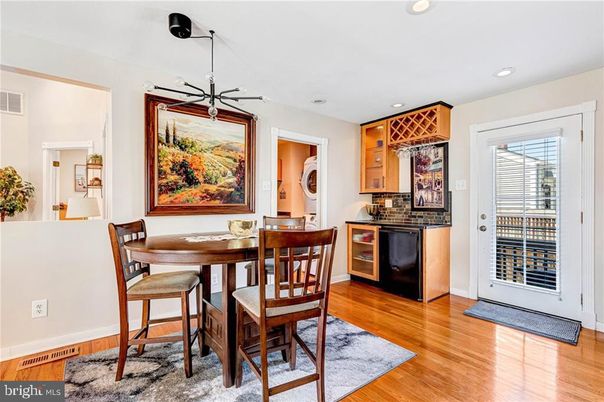 Dining room, Interior, Pendant Lights, Recessed Lighting, Wood Texture Flooring