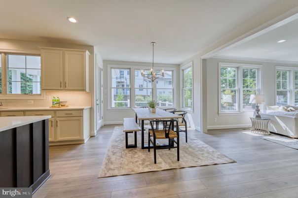 Dining room, Interior, Kitchen, Pendant Lights, Recessed Lighting, Wood Texture Flooring