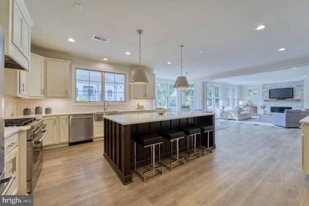 Fireplace, Interior, Kitchen, Living room, Pendant Lights, Recessed Lighting, Stainless Steel Appliances, Wood Texture Flooring
