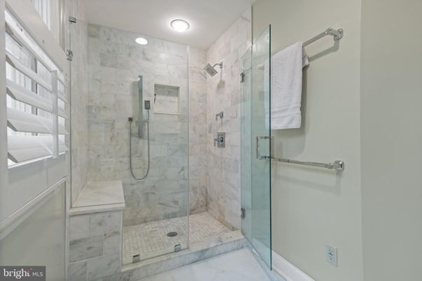 Bathroom, Glass Shower, Interior, Marble, Marble Walls, Recessed Lighting