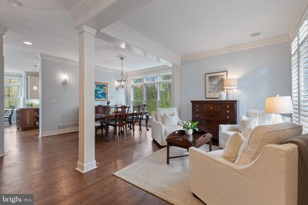 Chandelier, Dining room, Interior, Living room, Pendant Lights, Recessed Lighting, Wood Texture Flooring