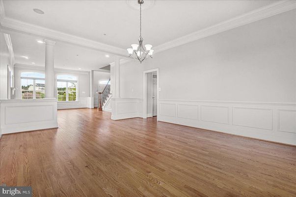 Chandelier, Empty room, Interior, Recessed Lighting, Wood Texture Flooring