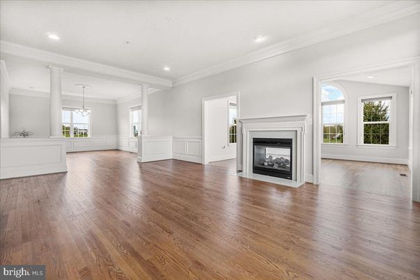 Empty room, Fireplace, Interior, Pendant Lights, Recessed Lighting, Wood Texture Flooring