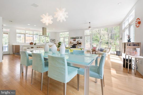 Dining room, Interior, Kitchen, Pendant Lights, Recessed Lighting, Wood Texture Flooring