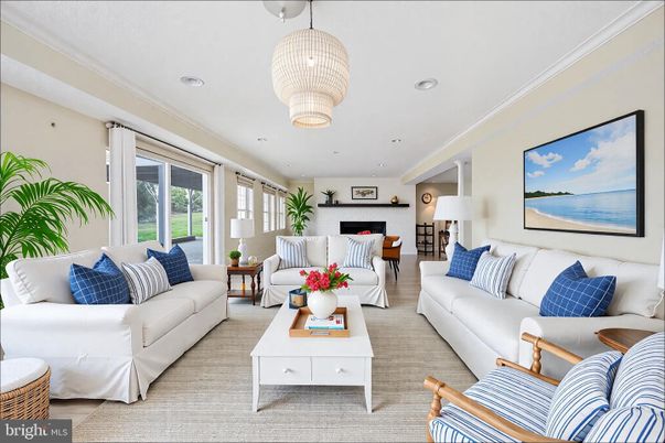 Dining room, Fireplace, Interior, Living room, Pendant Lights, Recessed Lighting, Wood Texture Flooring