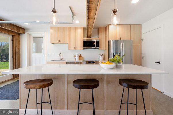 Interior, Kitchen, Pendant Lights, Recessed Lighting, Stainless Steel Appliances, Wooden Beams