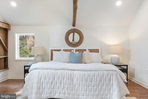 Bedroom, Interior, Recessed Lighting, Wooden Beams, Wood Texture Flooring
