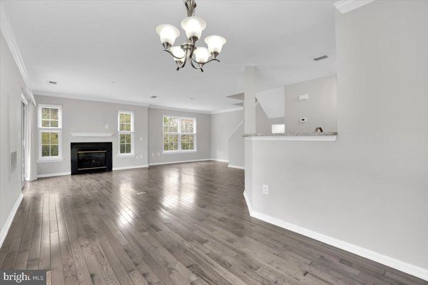 Chandelier, Empty room, Fireplace, Interior, Wood Texture Flooring