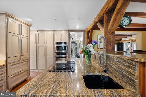 Interior, Kitchen, Recessed Lighting, Stainless Steel Appliances, Wooden Beams, Wood Texture Flooring