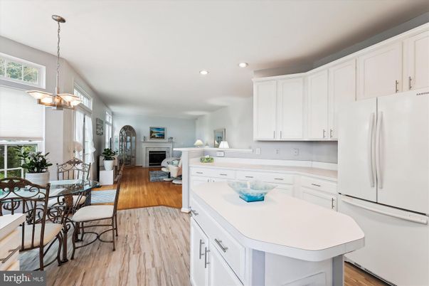 Dining room, Fireplace, Interior, Kitchen, Living room, Pendant Lights, Recessed Lighting, Wood Texture Flooring