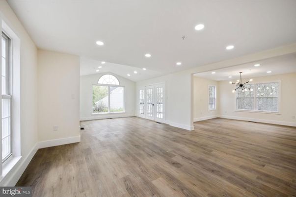 Empty room, Interior, Pendant Lights, Recessed Lighting, Wood Texture Flooring