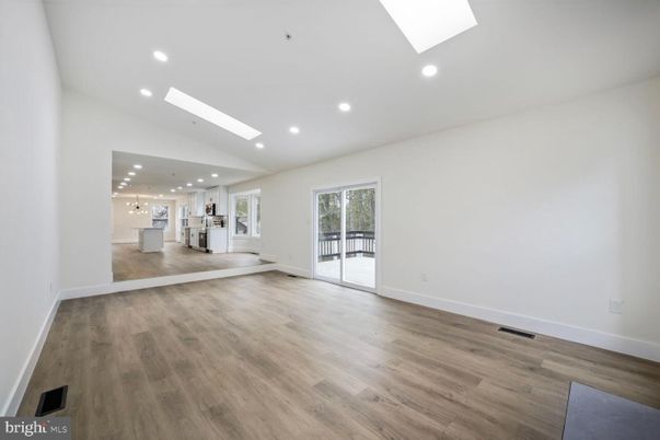 Empty room, Interior, Kitchen, Pendant Lights, Recessed Lighting, Wood Texture Flooring