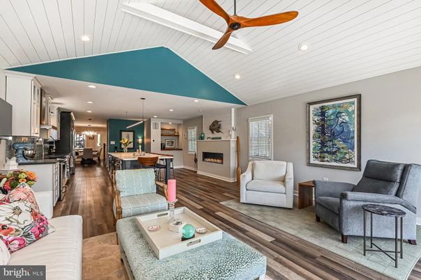 Fireplace, Interior, Kitchen, Living room, Pendant Lights, Recessed Lighting, Wood Texture Flooring