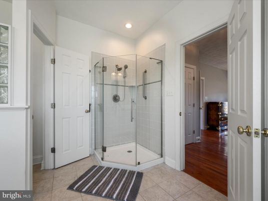 Bathroom, Glass Shower, Interior, Recessed Lighting, Wood Texture Flooring
