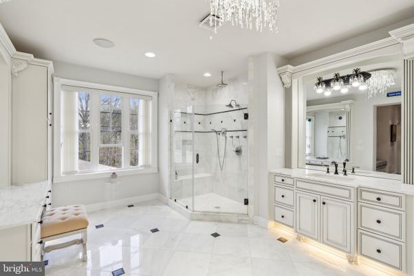 Bathroom, Glass Shower, Interior, Marble Walls, Recessed Lighting