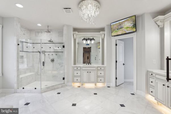 Bathroom, Chandelier, Glass Shower, Interior, Marble Walls, Recessed Lighting