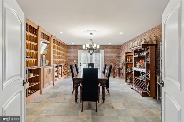 Chandelier, Dining room, Interior, Recessed Lighting, Stone Walls