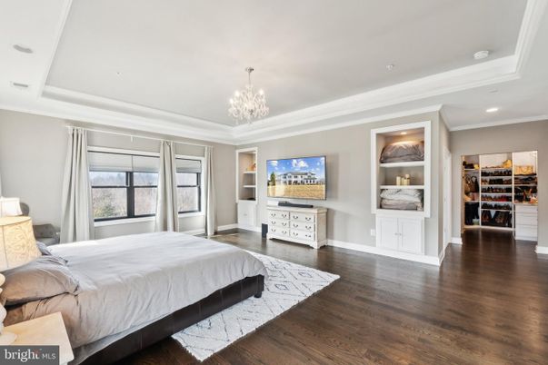 Bedroom, Chandelier, Interior, Recessed Lighting, Wood Texture Flooring