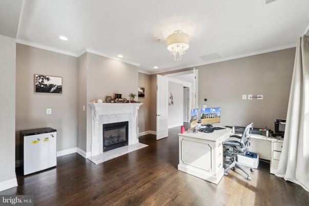 Chandelier, Fireplace, Home Office, Interior, Recessed Lighting, Wood Texture Flooring