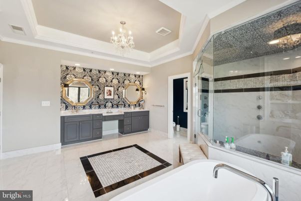 Bathroom, Chandelier, Dual Sink Vanities, Glass Shower, Interior, Marble, Recessed Lighting