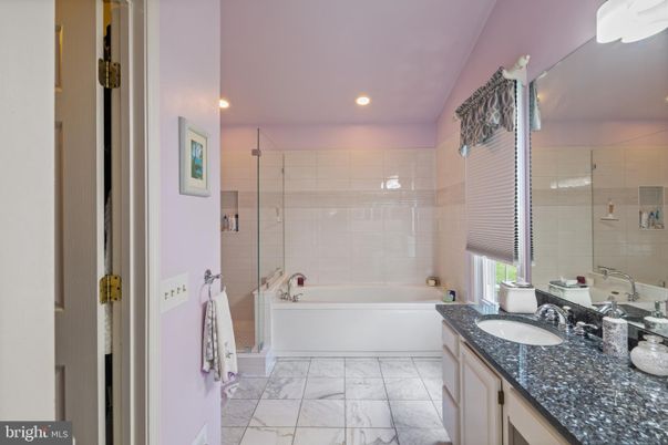 Bathroom, Dual Sink Vanities, Glass Shower, Interior, Marble, Recessed Lighting