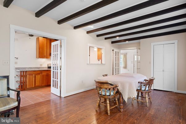 Dining room, Interior, Recessed Lighting, Wooden Beams, Wood Texture Flooring