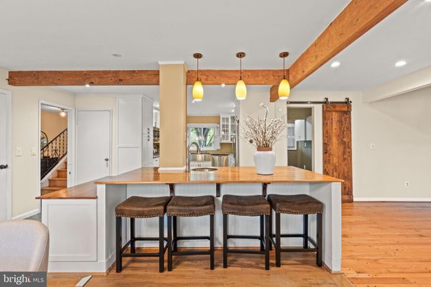 Interior, Kitchen, Pendant Lights, Recessed Lighting, Wooden Beams, Wood Texture Flooring