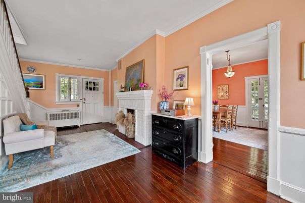 Dining room, Fireplace, Interior, Pendant Lights, Wood Texture Flooring