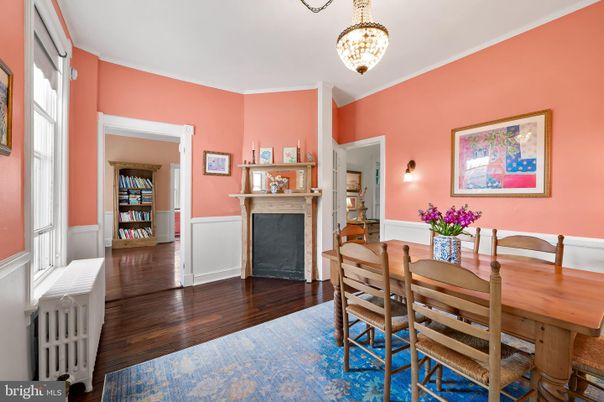 Dining room, Fireplace, Interior, Wood Texture Flooring