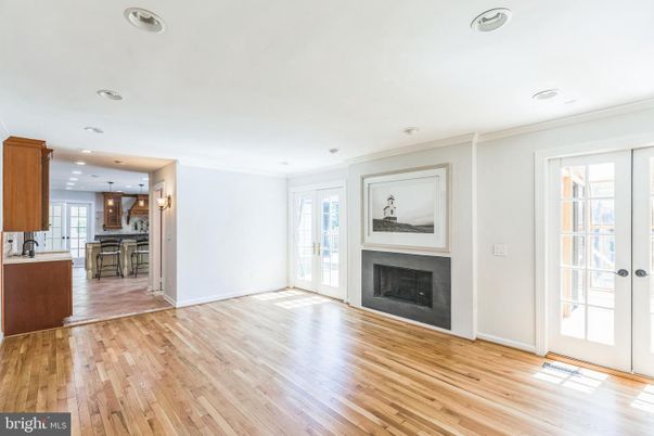 Empty room, Fireplace, Interior, Kitchen, Pendant Lights, Recessed Lighting, Wood Texture Flooring