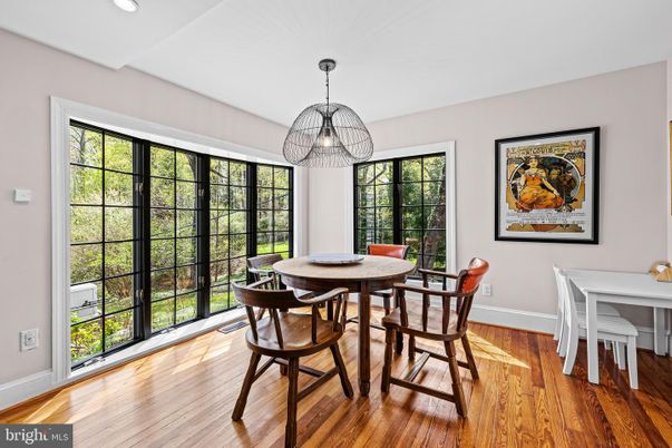 Dining room, Interior, Pendant Lights, Recessed Lighting, Wood Texture Flooring