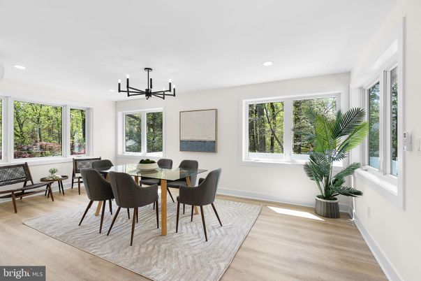 Dining room, Interior, Pendant Lights, Recessed Lighting, Wood Texture Flooring