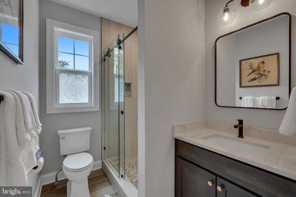 Bathroom, Glass Shower, Interior, Wood Texture Flooring