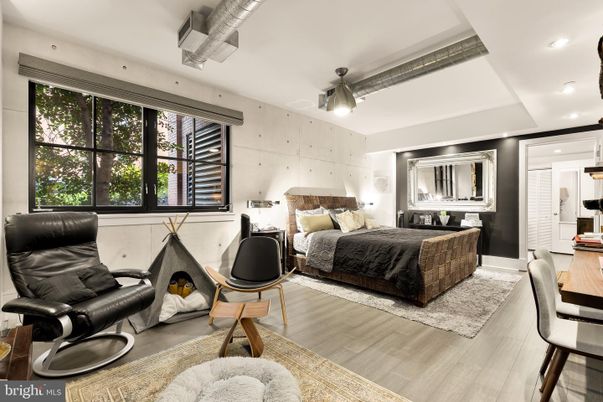 Bedroom, Fireplace, Interior, Recessed Lighting, Wood Texture Flooring