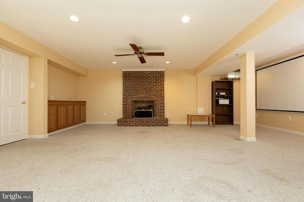 Empty room, Fireplace, Interior, Recessed Lighting, Stone Walls