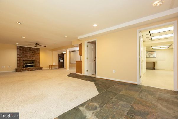 Empty room, Fireplace, Interior, Recessed Lighting, Stone Walls
