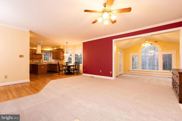 Dining room, Empty room, Interior, Kitchen, Pendant Lights, Recessed Lighting, Wood Texture Flooring