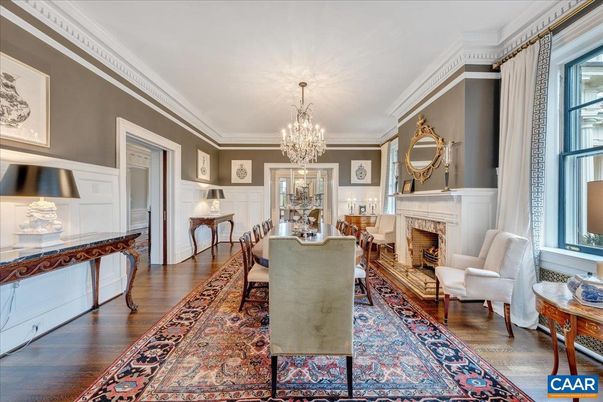 Chandelier, Dining room, Fireplace, Interior, Wood Texture Flooring