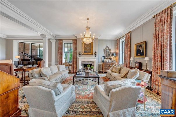Chandelier, Fireplace, Interior, Living room, Piano