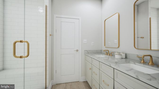 Bathroom, Dual Sink Vanities, Glass Shower, Interior, Wood Texture Flooring