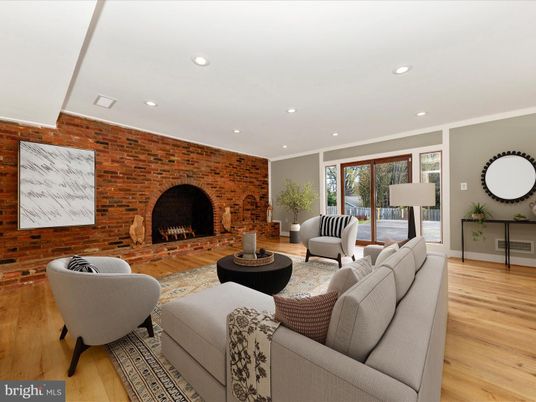 Fireplace, Interior, Living room, Recessed Lighting, Stone Walls, Wood Texture Flooring