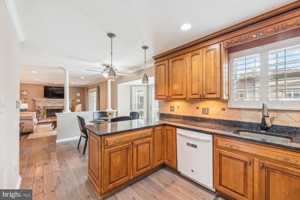 Dining room, Fireplace, Interior, Kitchen, Living room, Pendant Lights, Recessed Lighting, Wood Texture Flooring