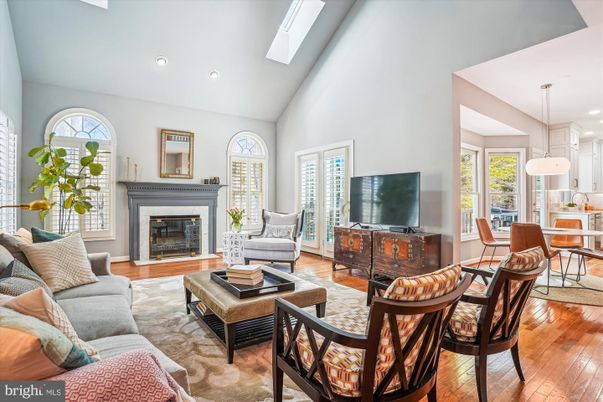 Dining room, Fireplace, Interior, Living room, Pendant Lights, Recessed Lighting, Wood Texture Flooring