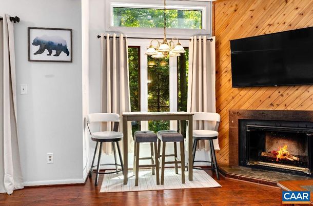 Fireplace, Interior, Pendant Lights, Wood Texture Flooring, Wooden Walls