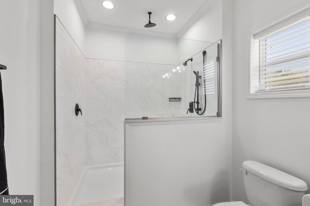 Bathroom, Glass Shower, Interior, Marble Walls, Recessed Lighting