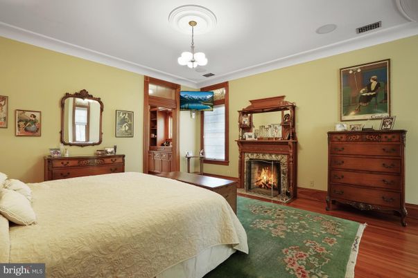Bedroom, Chandelier, Fireplace, Interior, Wood Texture Flooring