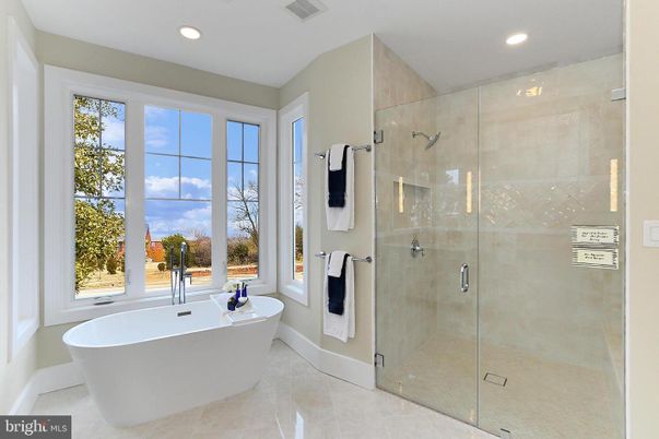 Bathroom, Free Standing Baths, Glass Shower, Interior, Recessed Lighting
