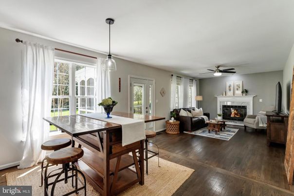 Dining room, Fireplace, Interior, Living room, Pendant Lights, Wood Texture Flooring