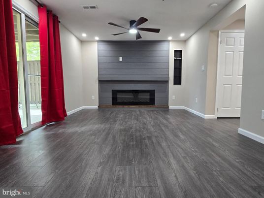 Empty room, Fireplace, Interior, Recessed Lighting, Wood Texture Flooring