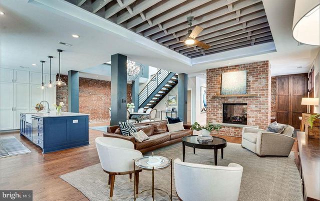 Fireplace, Interior, Kitchen, Living room, Pendant Lights, Recessed Lighting, Stone Walls, Wood Texture Flooring